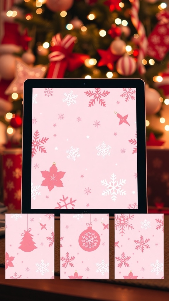 Aesthetic pink Christmas wallpapers for iPad featuring snowflakes and Christmas trees.